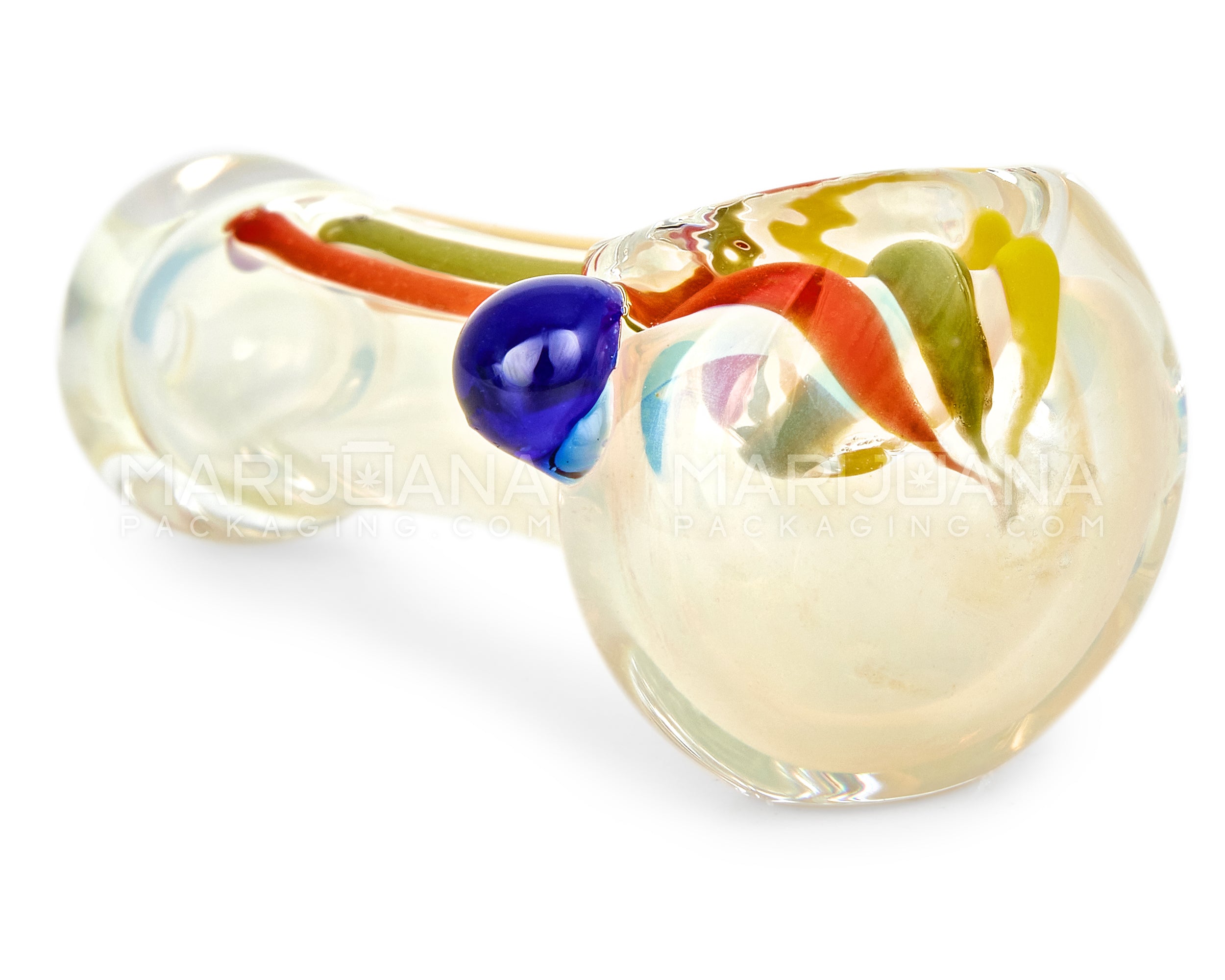 Striped & Gold Fumed Spoon Hand Pipe w/ Knocker | 3in Long - Glass - Rasta - 4