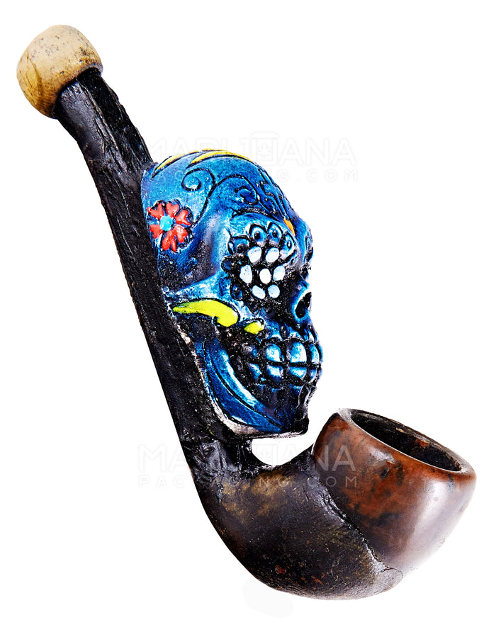 Los Muertos Sugar Skull Sherlock Hand Pipe | 3in Long - Wood - Blue Image