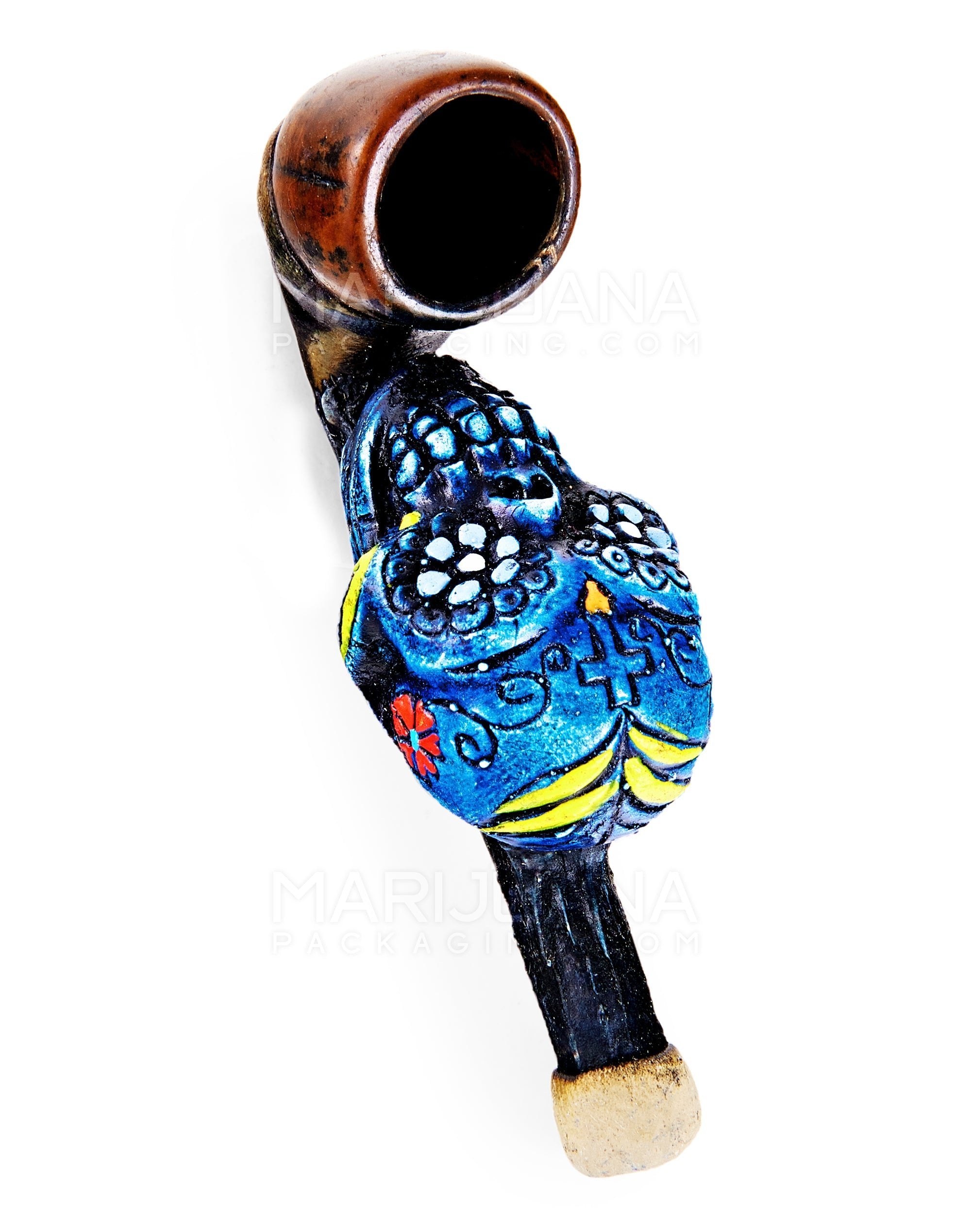 Los Muertos Sugar Skull Sherlock Hand Pipe | 3in Long - Wood - Blue - 2