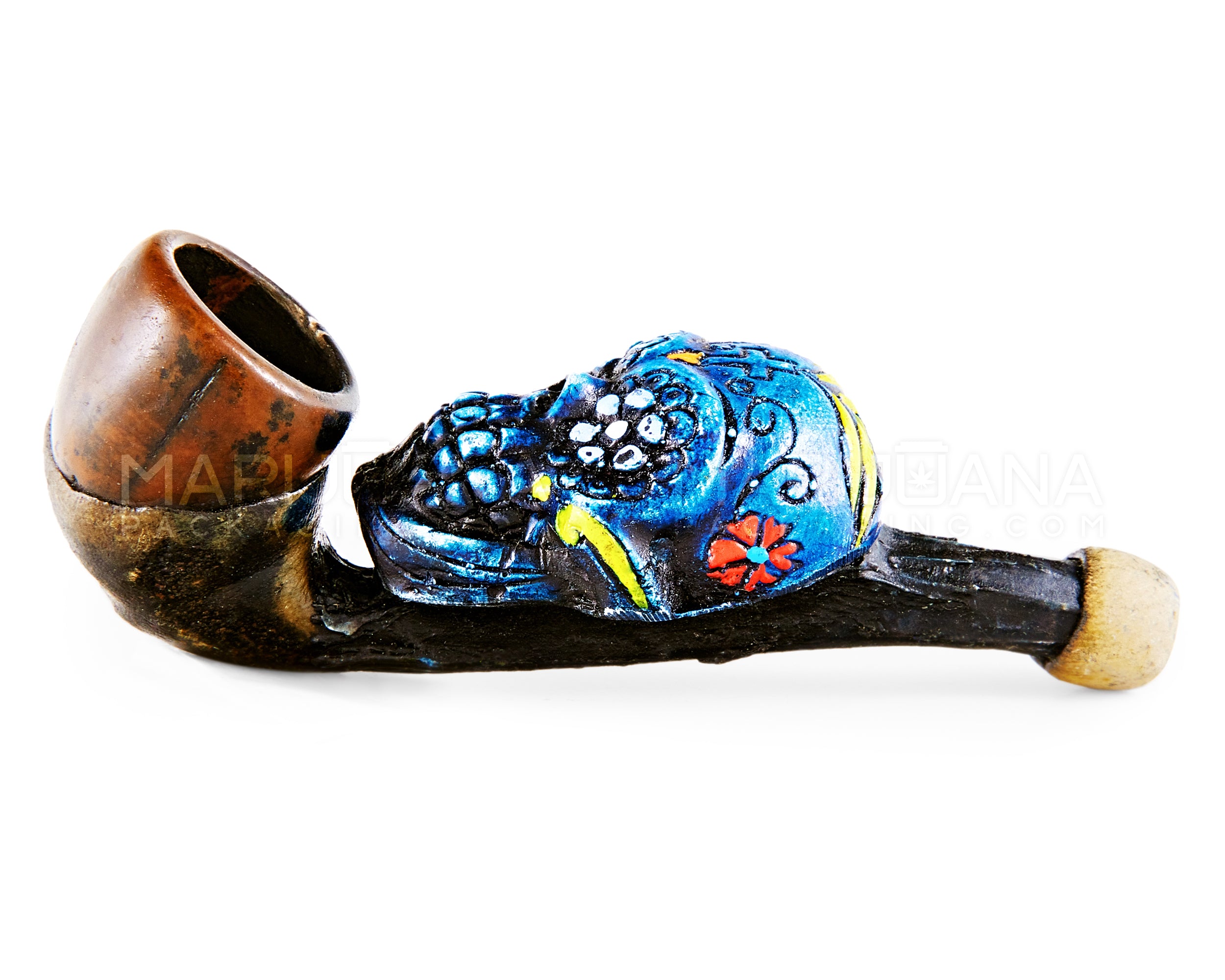 Los Muertos Sugar Skull Sherlock Hand Pipe | 3in Long - Wood - Blue - 4