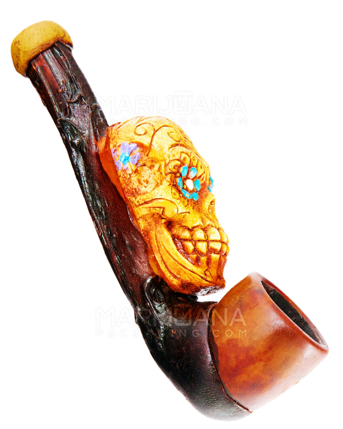 Los Muertos Sugar Skull Sherlock Hand Pipe | 3in Long - Wood - Orange Image