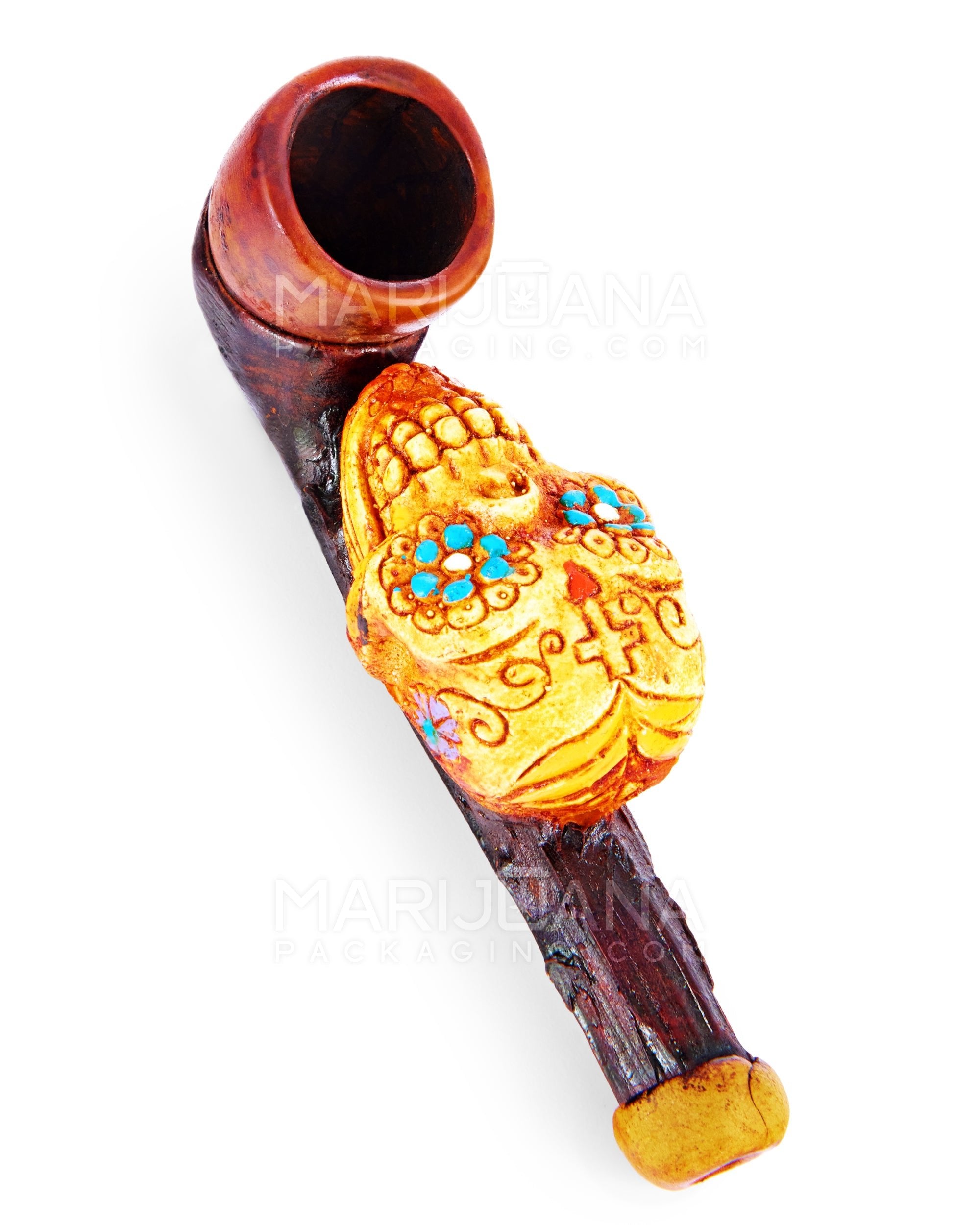 Los Muertos Sugar Skull Sherlock Hand Pipe | 3in Long - Wood - Orange - 2