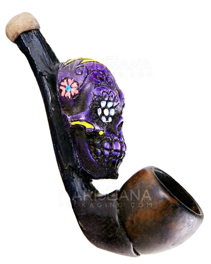 Los Muertos Sugar Skull Sherlock Hand Pipe | 3in Long - Wood - Purple Image