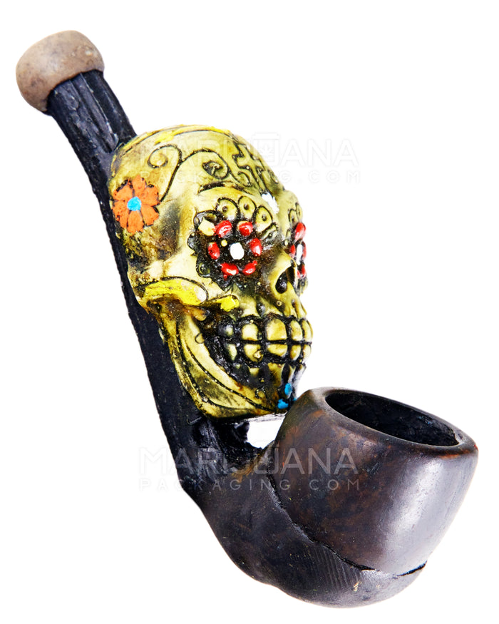 Los Muertos Sugar Skull Sherlock Hand Pipe | 3in Long - Wood - Green Image