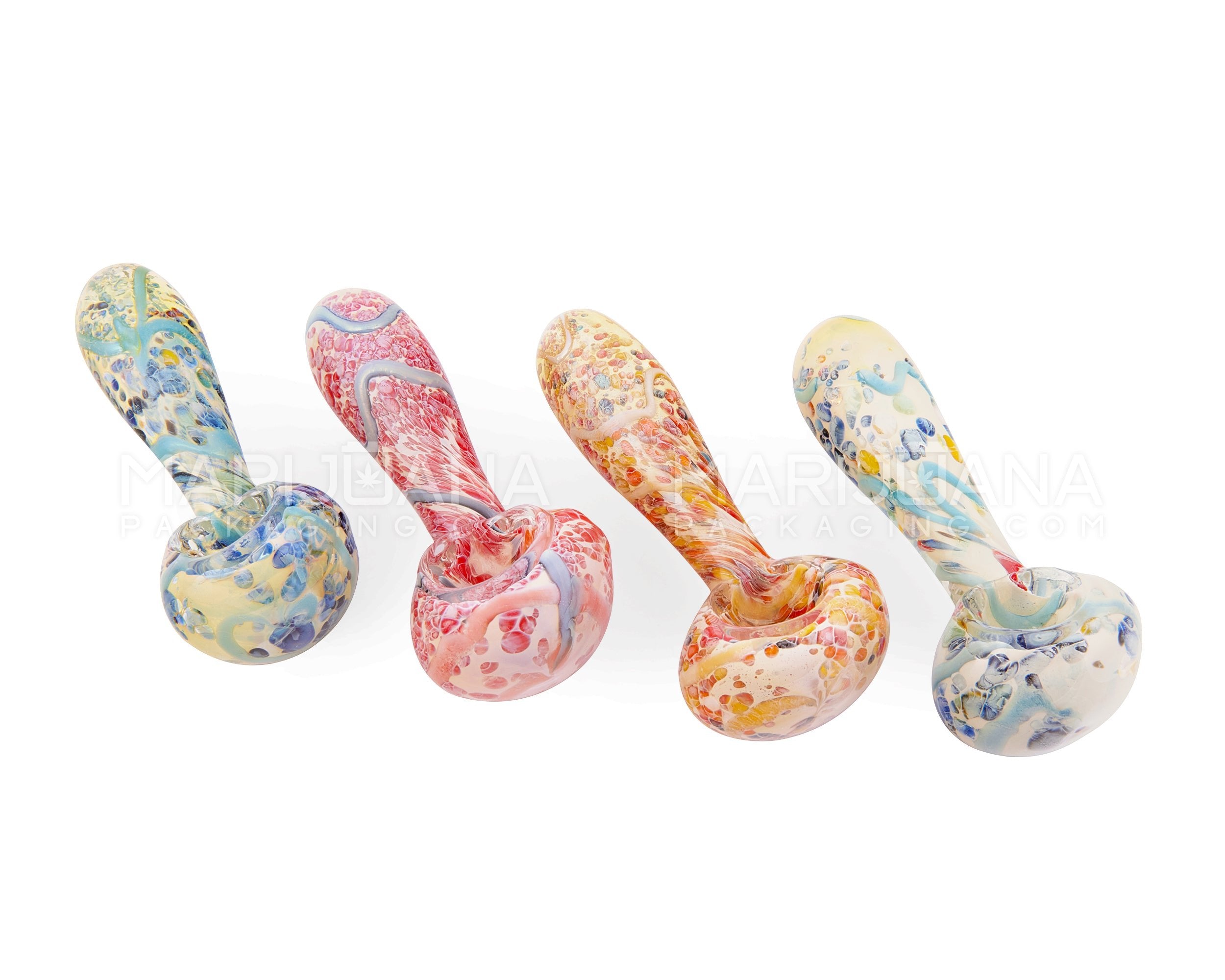 Frit & Fumed Spoon Hand Pipe w/ Swirls | 4in Long - Glass - Assorted - 8