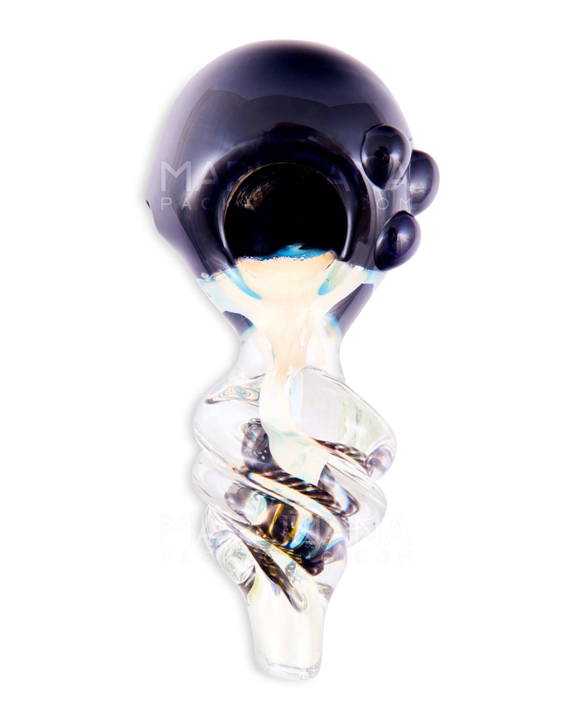 Fumed & Ribboned Twisted Spoon Hand Pipe w/ Triple Knockers | 4in Long - Glass - Black - 2