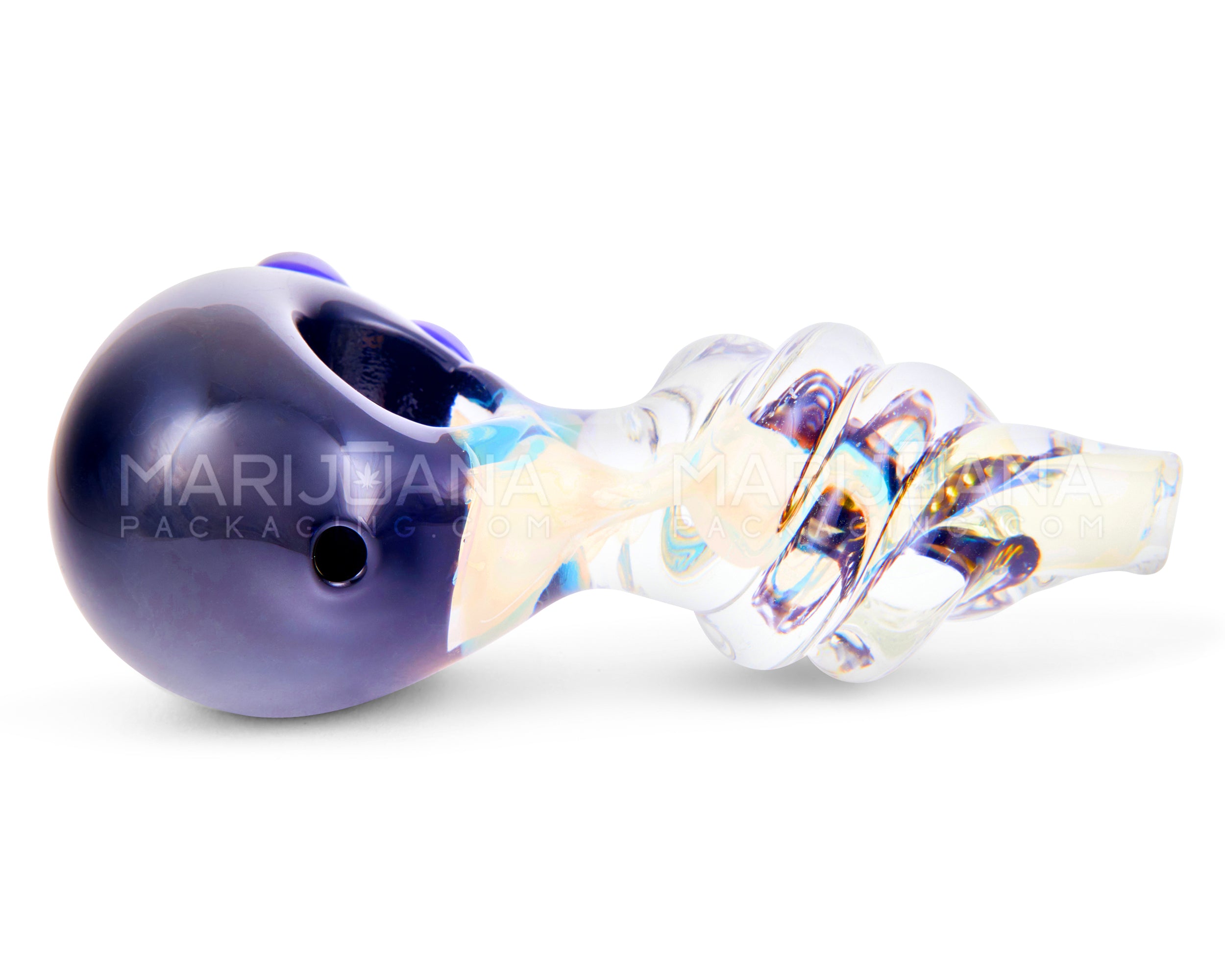 Fumed & Ribboned Twisted Spoon Hand Pipe w/ Triple Knockers | 4in Long - Glass - Black - 5