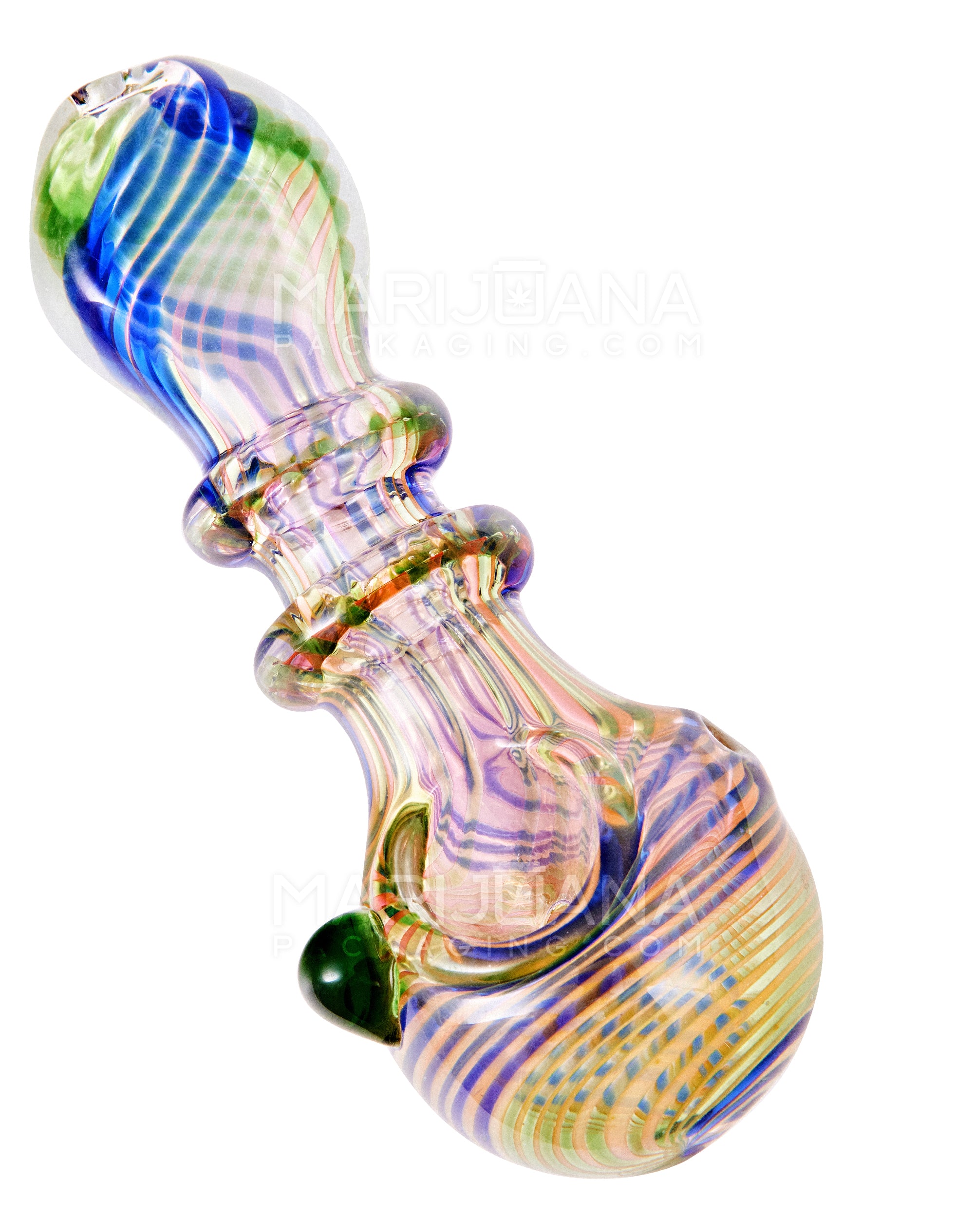 Flat Mouth Swirl & Gold Fumed Double Ringed Spoon Hand Pipe w/ Knocker | 5in Long - Glass - Assorted - 1