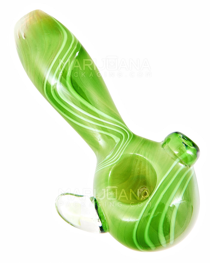 Striped Spoon Hand Pipe w/ Mushroom Marble | 5in Long - Glass - Green Image