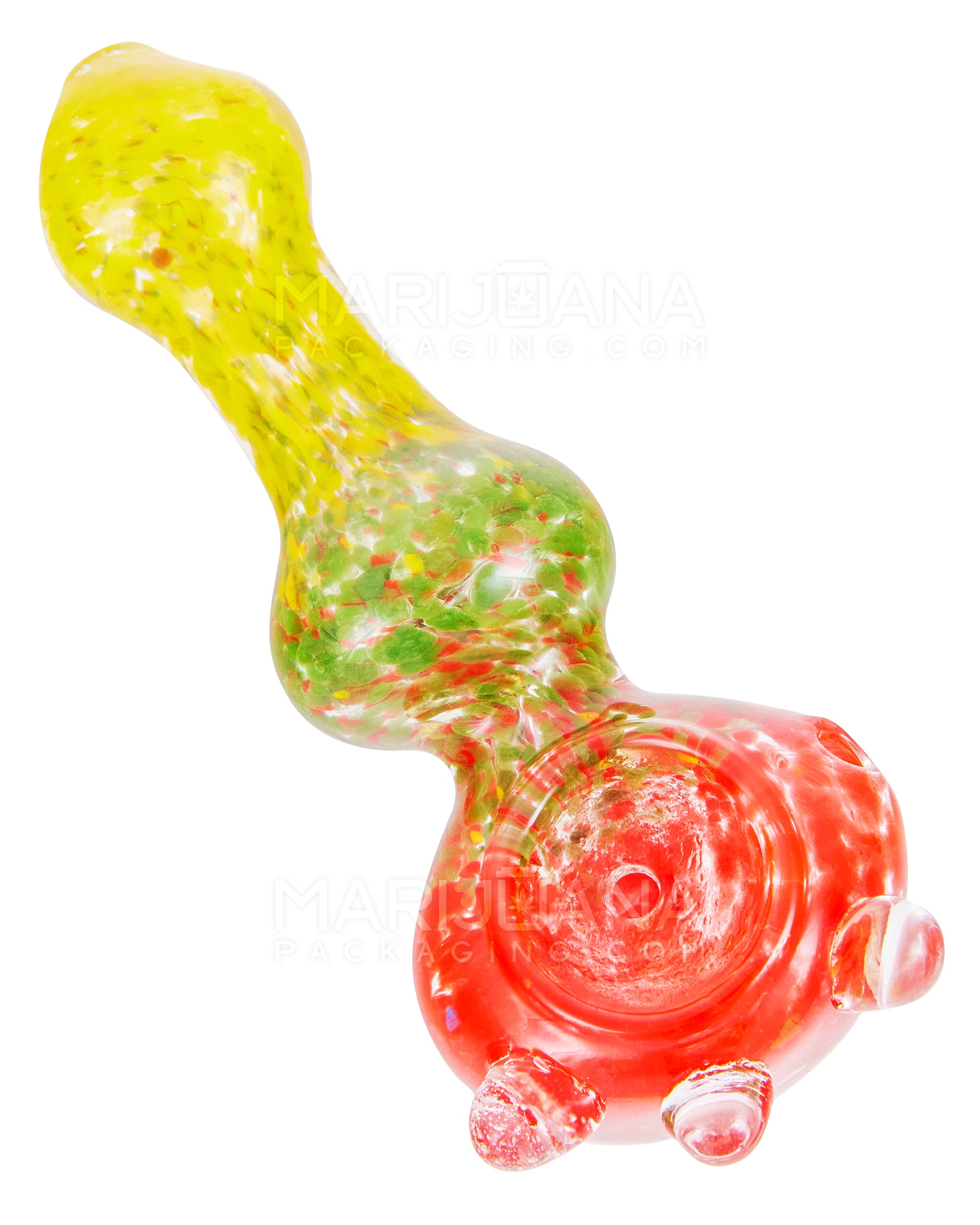 Frit Bulged Spoon Hand Pipe w/ Triple Knockers | 4in - Glass - Rasta - 1