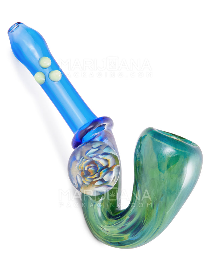 Color Pull Sherlock Hand Pipe w/ Implosion Marble & Triple Knockers | 5.5in Long - Glass - Blue Image