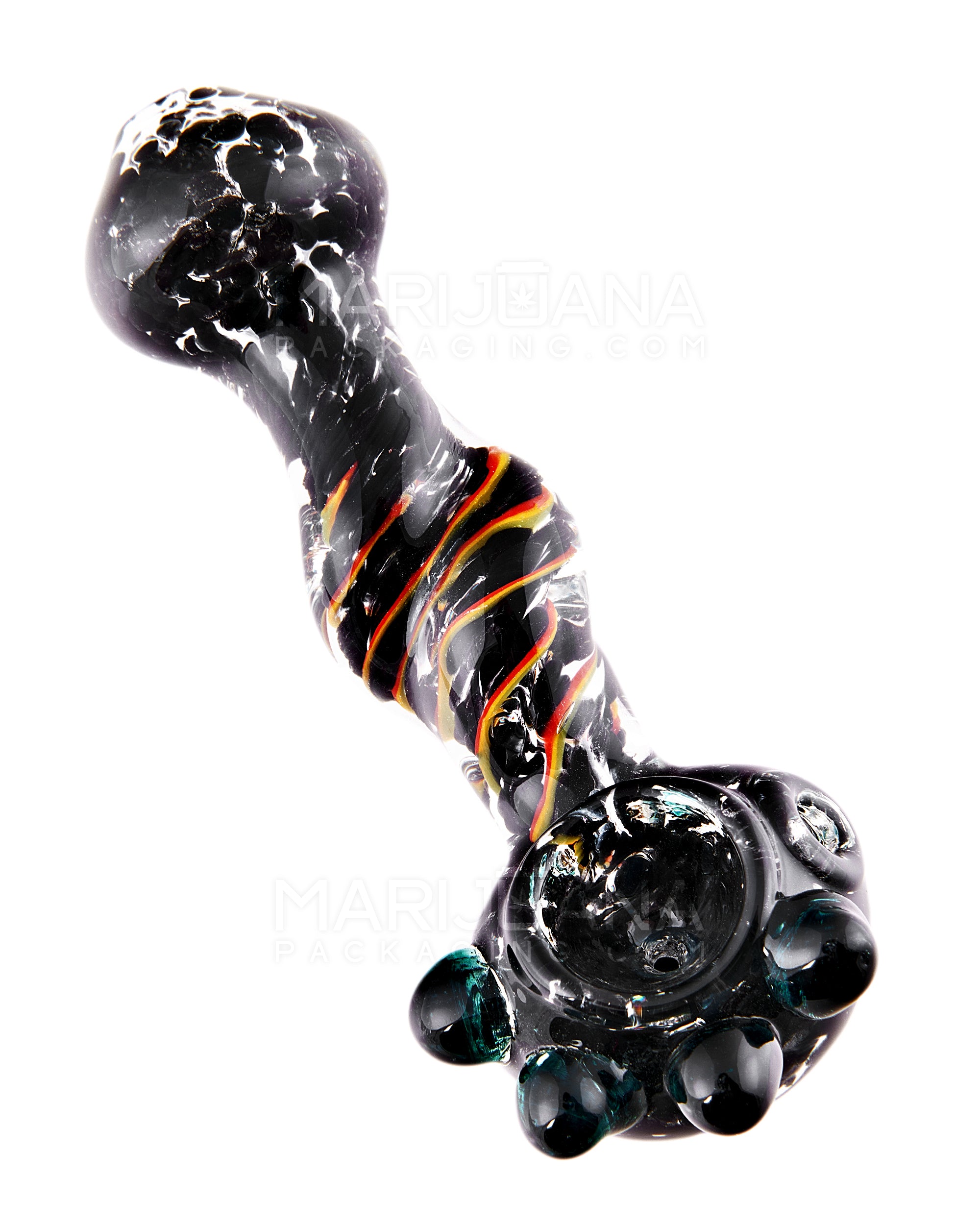 Frit & Swirl Rasta Spoon Hand Pipe w/ Triple Knockers | 5in Long - Glass - Assorted - 7