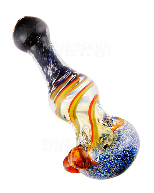 Fumed Stone Frit & Swirl Rasta Spoon Hand Pipe w/ Triple Knockers | 5in Long - Glass - Assorted - 1