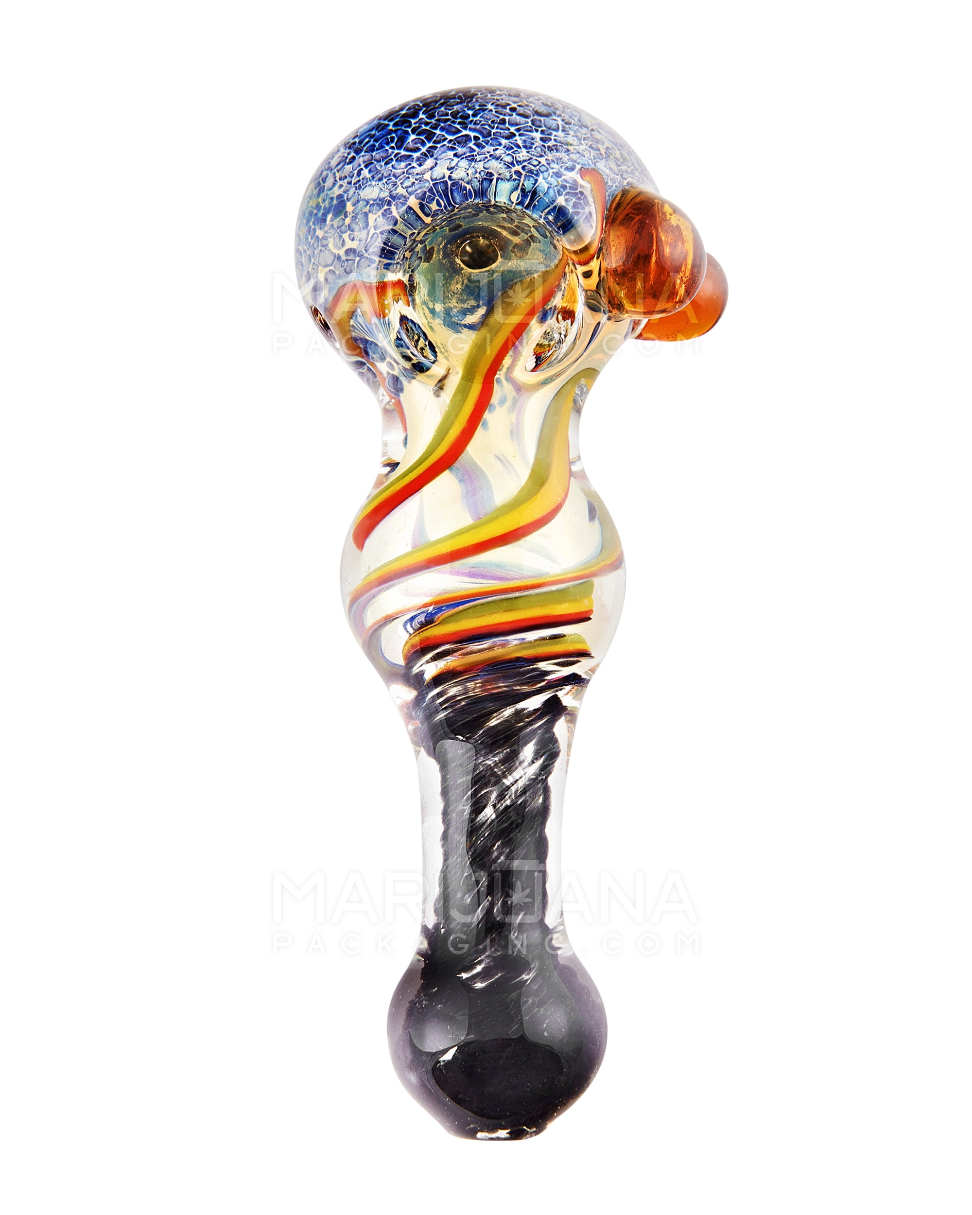 Fumed Stone Frit & Swirl Rasta Spoon Hand Pipe w/ Triple Knockers | 5in Long - Glass - Assorted - 2