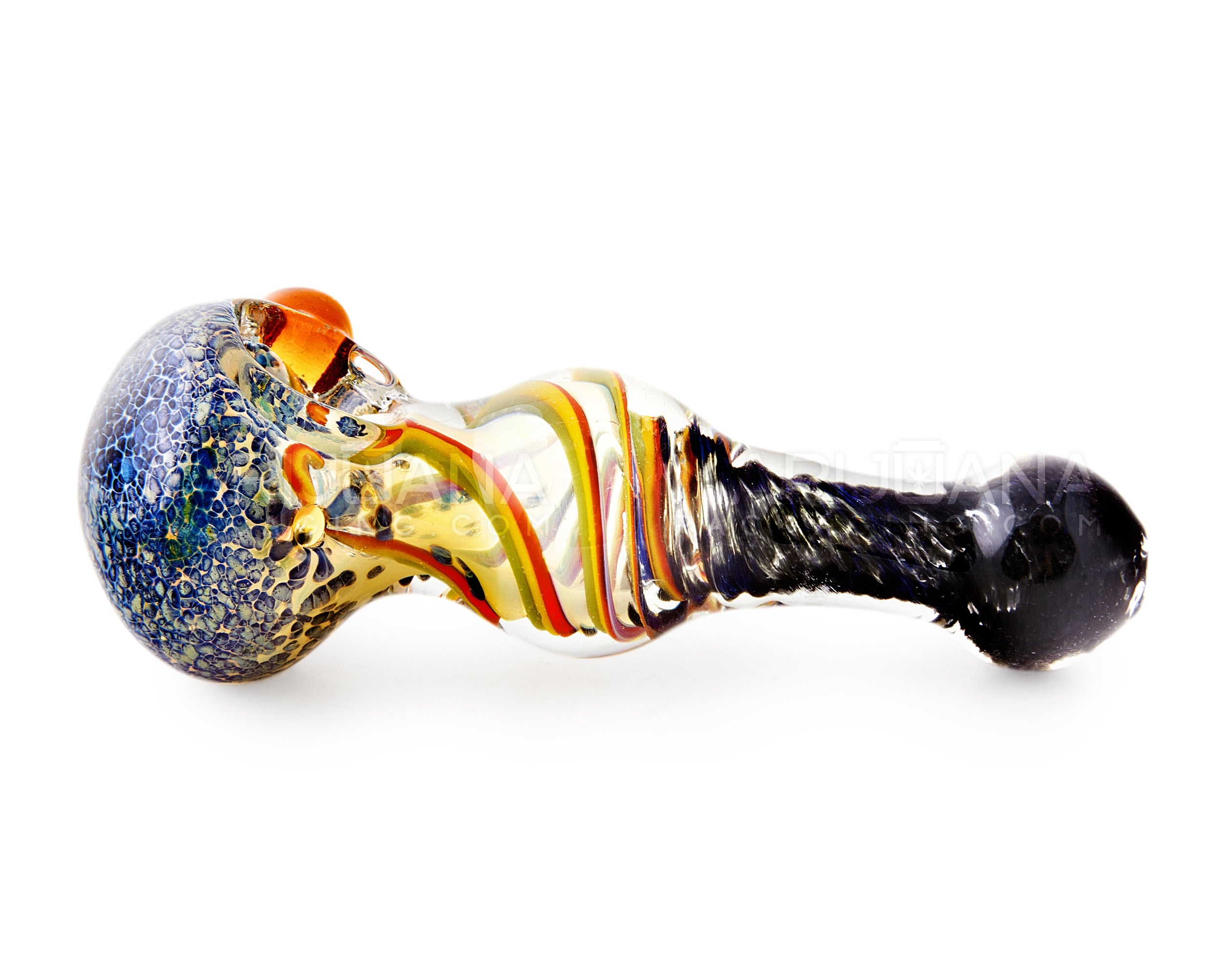 Fumed Stone Frit & Swirl Rasta Spoon Hand Pipe w/ Triple Knockers | 5in Long - Glass - Assorted - 4