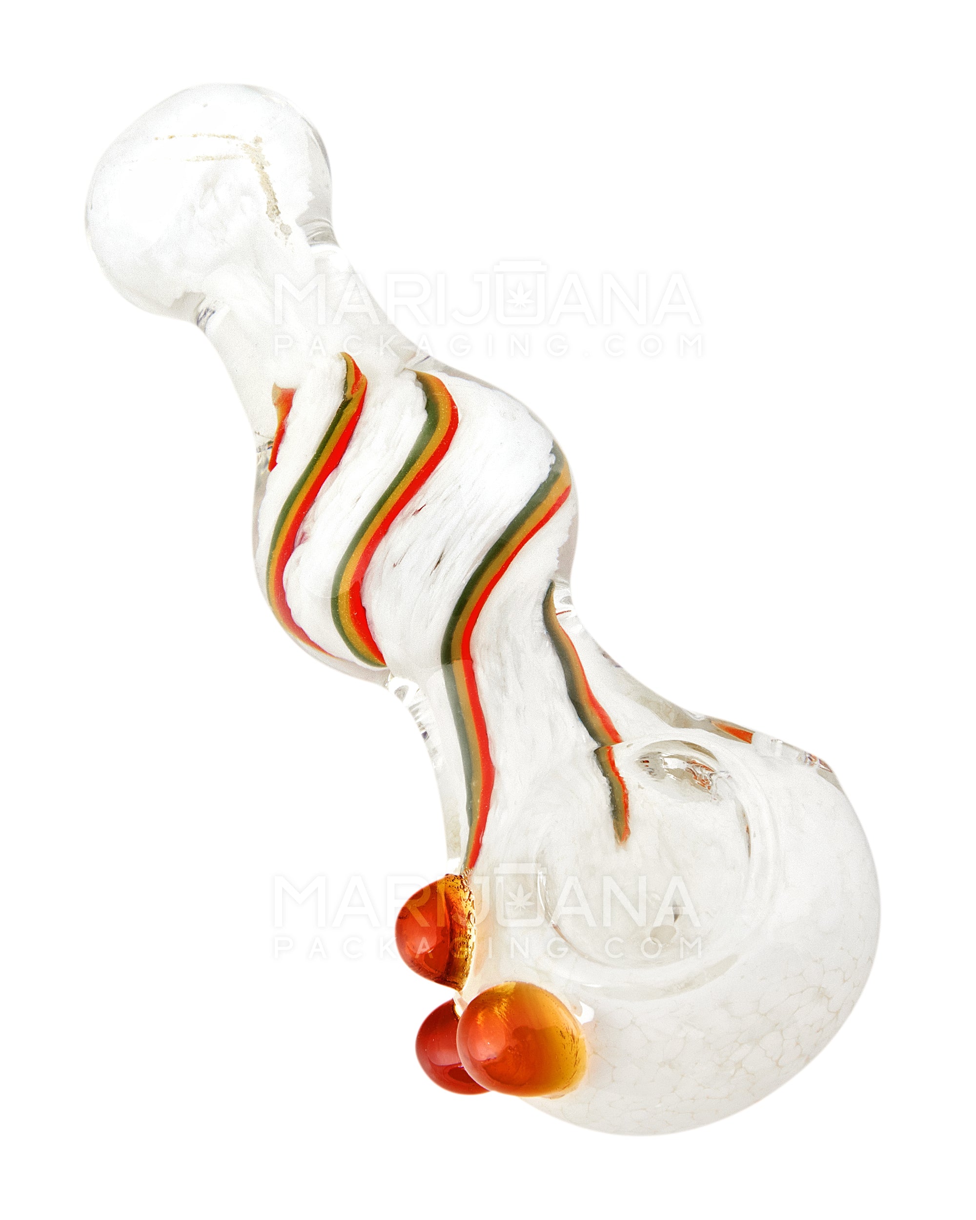 Fumed Stone Frit & Swirl Rasta Spoon Hand Pipe w/ Triple Knockers | 5in Long - Glass - Assorted - 6