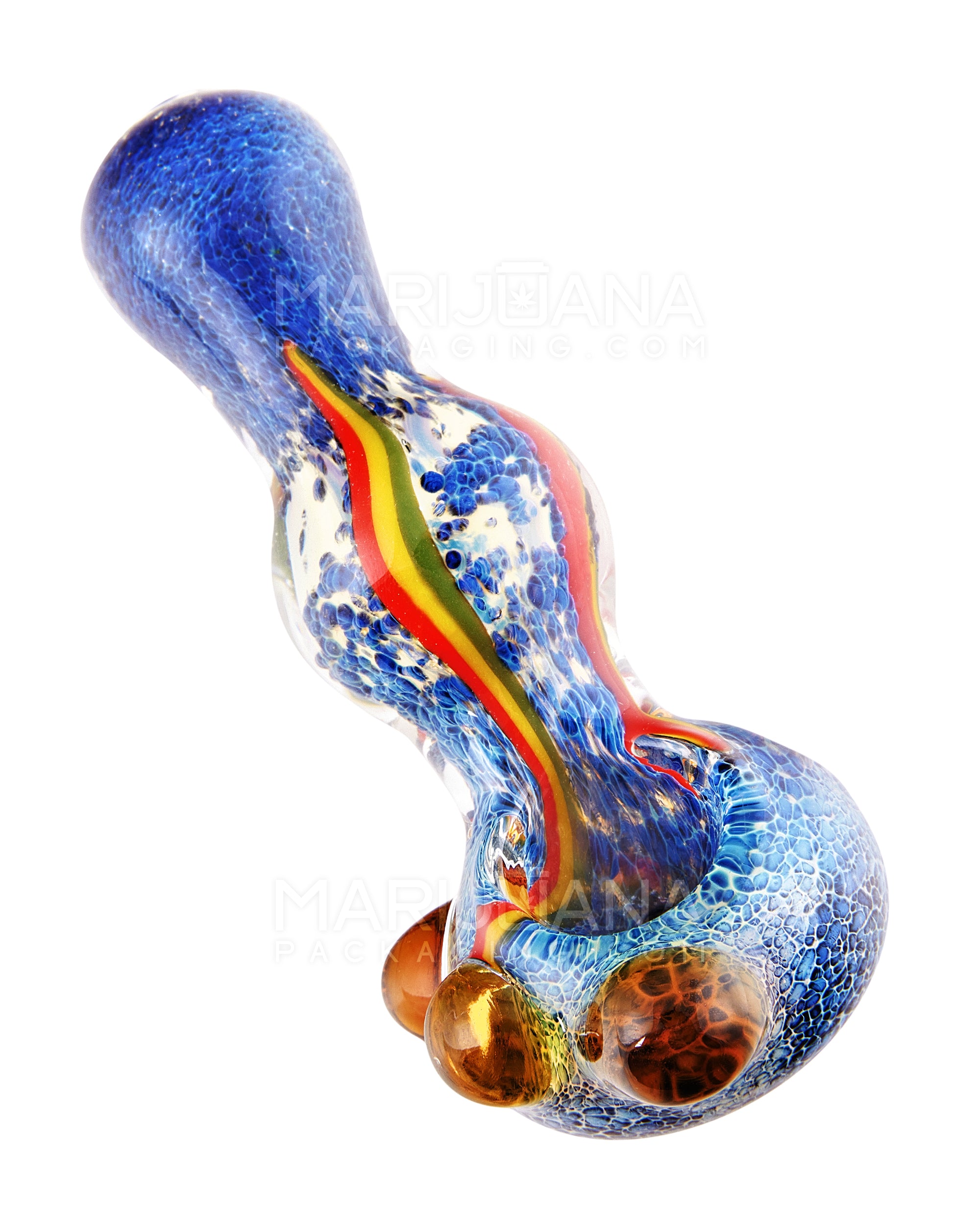 Fumed Stone Frit & Swirl Rasta Spoon Hand Pipe w/ Triple Knockers | 5in Long - Glass - Assorted - 7