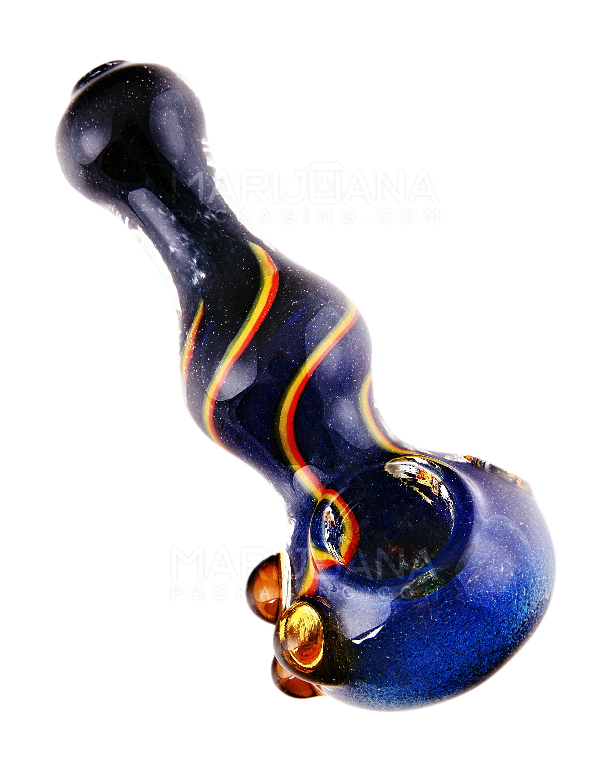 Fumed Stone Frit & Swirl Rasta Spoon Hand Pipe w/ Triple Knockers | 5in Long - Glass - Assorted - 8