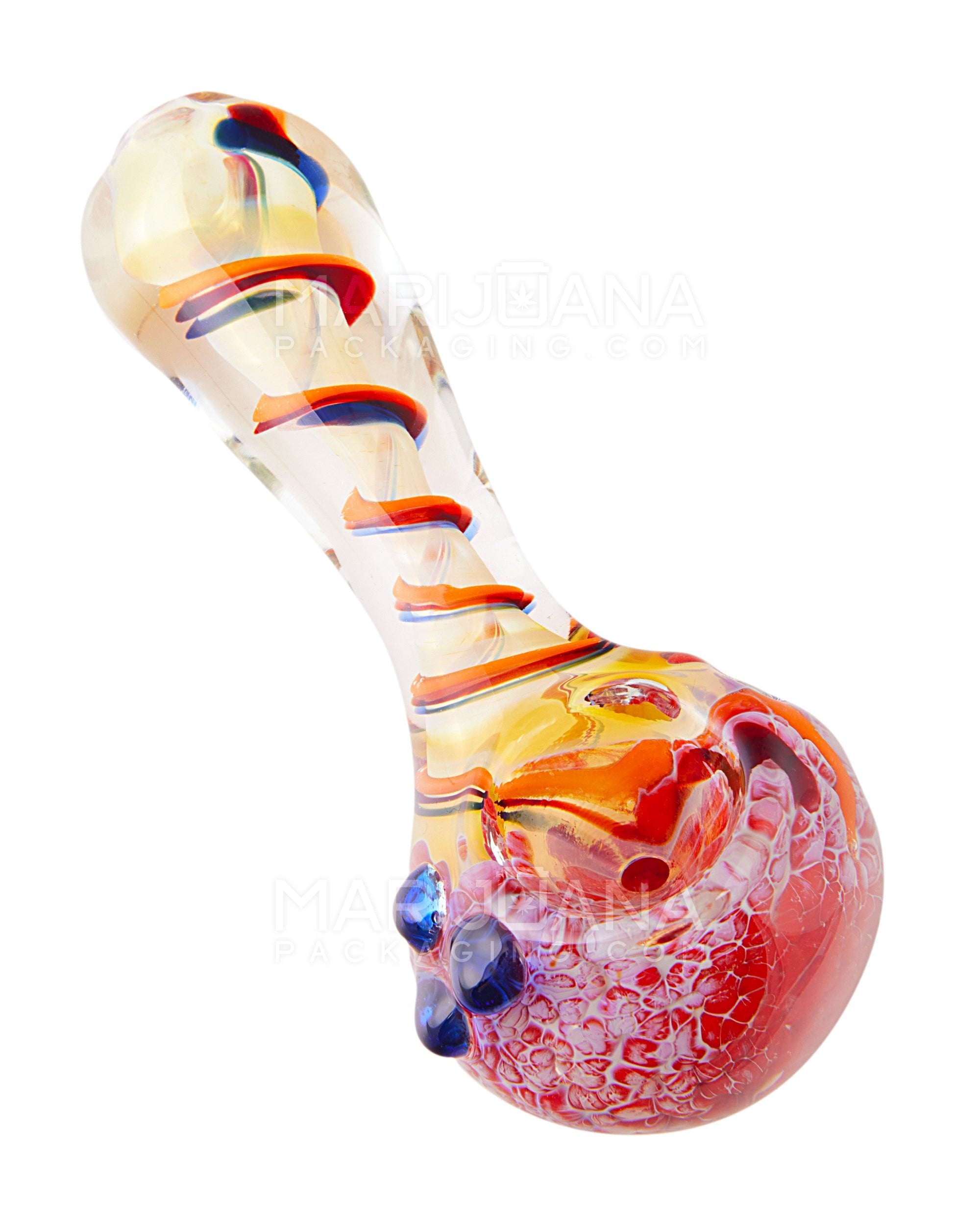 Frit & Fumed Swirl Spoon Hand Pipe w/ Triple Knockers | 4in Long - Glass - Assorted - 1