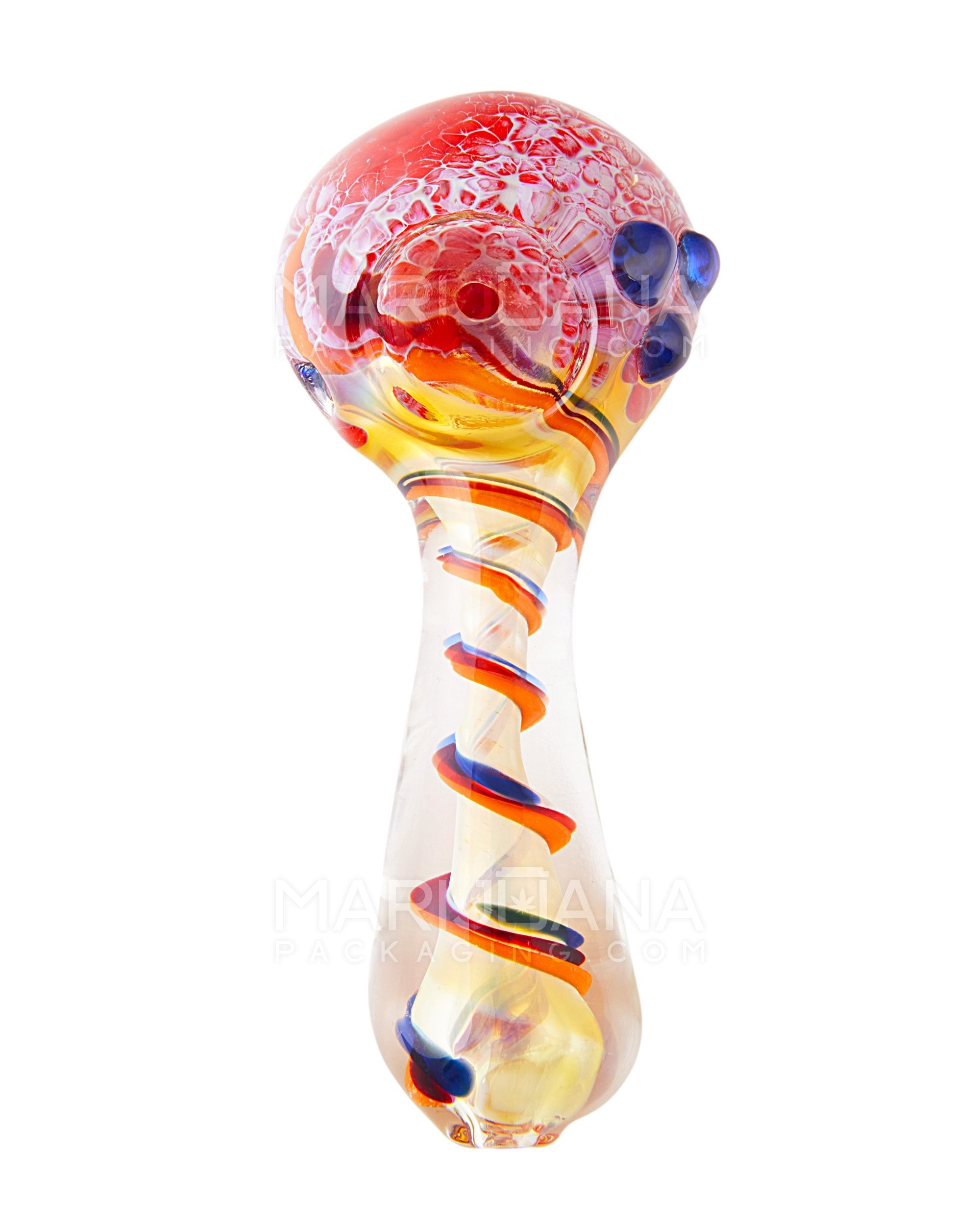 Frit & Fumed Swirl Spoon Hand Pipe w/ Triple Knockers | 4in Long - Glass - Assorted - 2