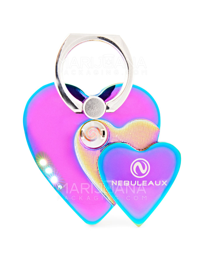 NEBULEAUX | USB Metal LED Flameless Heart Lighter w/ Cell Phone Stand Ring | 2in Tall - No Butane - Rainbow Image