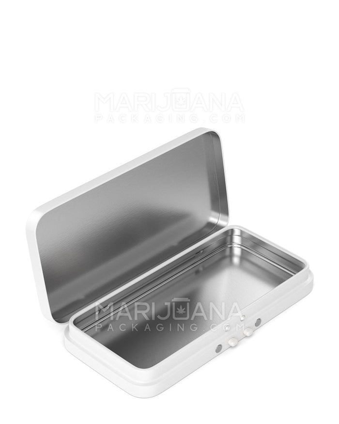 Child Resistant Hinged-Lid Large Edible & Joint Box | 120mm x 58mm - White Tin | Sample Image