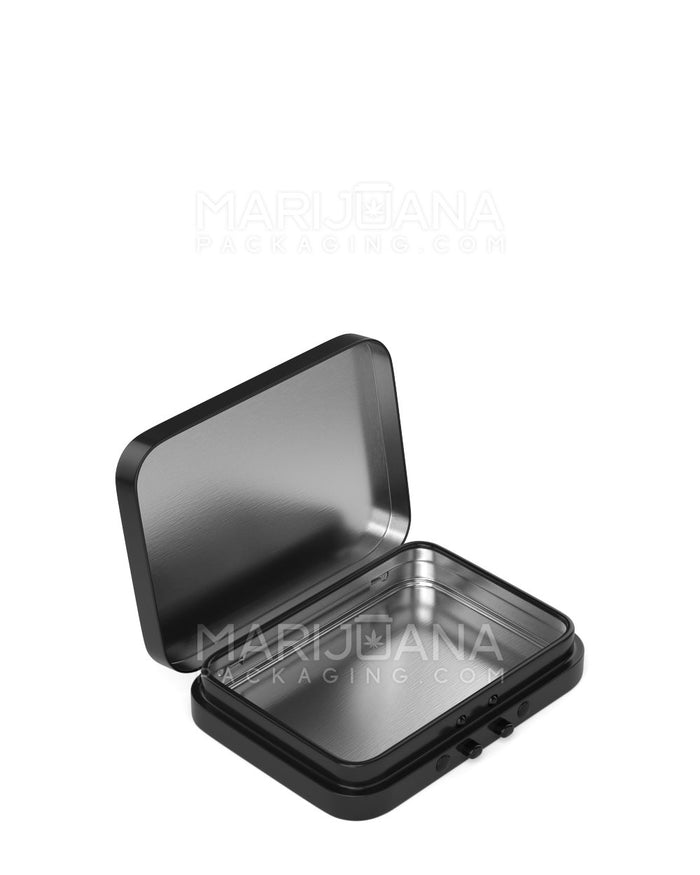 Child Resistant Hinged-Lid Mini Edible & Joint Box | 80mm x 58mm - Black Tin | Sample Image