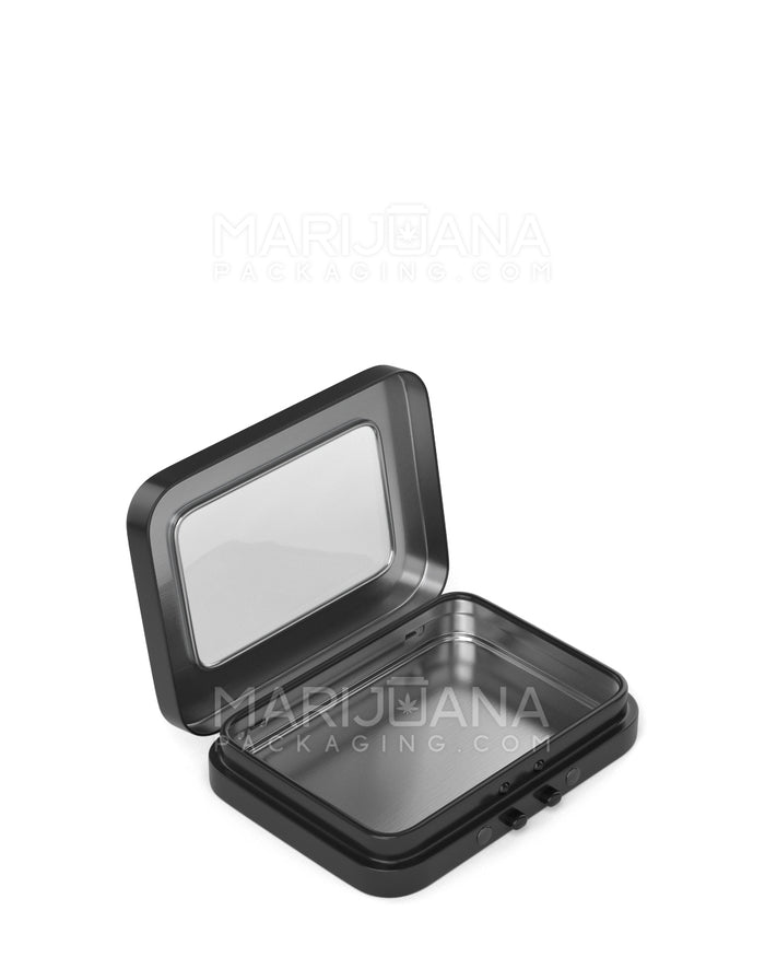 Child Resistant & Sustainable Hinged-Lid Mini Size Vista Edible & Joint Box w/ See-Through Window | 80mm x 58mm - Black Tin | Sample Image