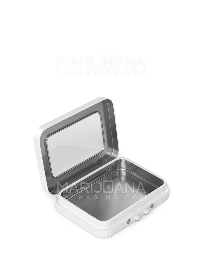 Child Resistant & Sustainable Hinged-Lid Mini Size Vista Edible & Joint Box w/ See-Through Window | 80mm x 58mm - White Tin | Sample Image