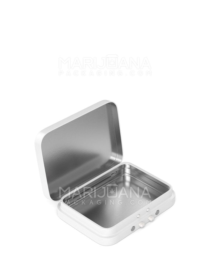 Child Resistant Hinged-Lid Mini Edible & Joint Box | 80mm x 58mm - White Tin | Sample Image