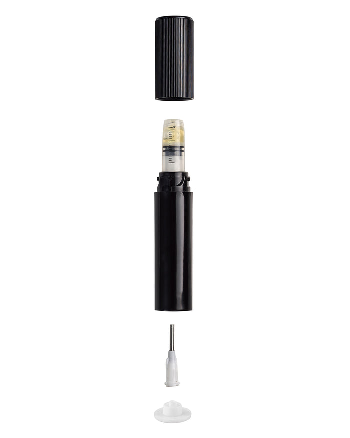 Child Resistant & Luer Lock | DymaPak Twistspenser Black Plastic Dab Applicator Syringes w/ Tip | Sample Image