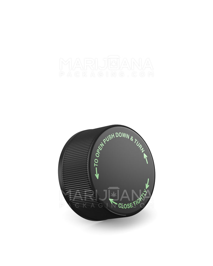 Child Resistant Ribbed Push Down & Turn Plastic Caps w/ Text | 28mm - Glossy Black | Sample Image