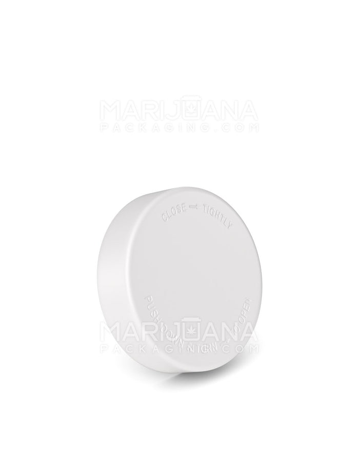 Child Resistant Smooth Flat Push Down & Turn Plastic Caps w/ Text & Foam Liner | 48mm - Matte White | Sample Image