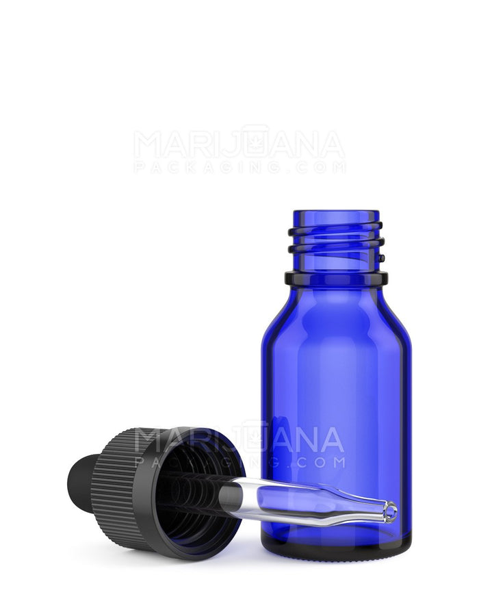 Child Resistant Glass Tincture Bottles w/ Ribbed Black Droper Cap | 15mL - Blue | Sample Image