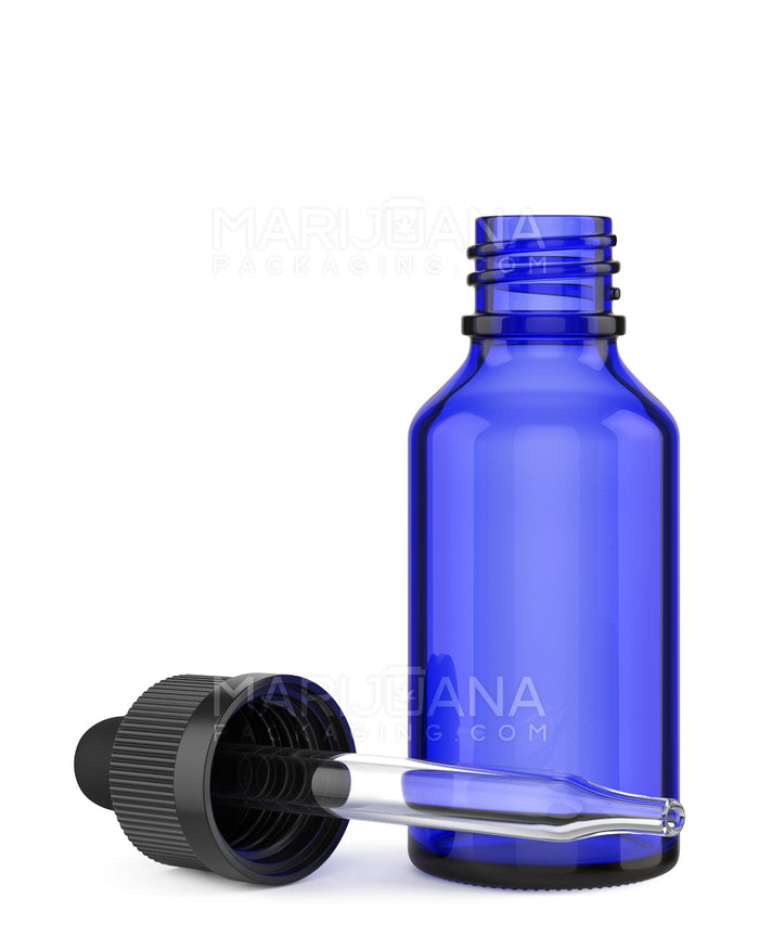 Child Resistant | Glass Tincture Bottles w/ Black Ribbed Dropper Cap | 30mL - Blue - 120 Count Image