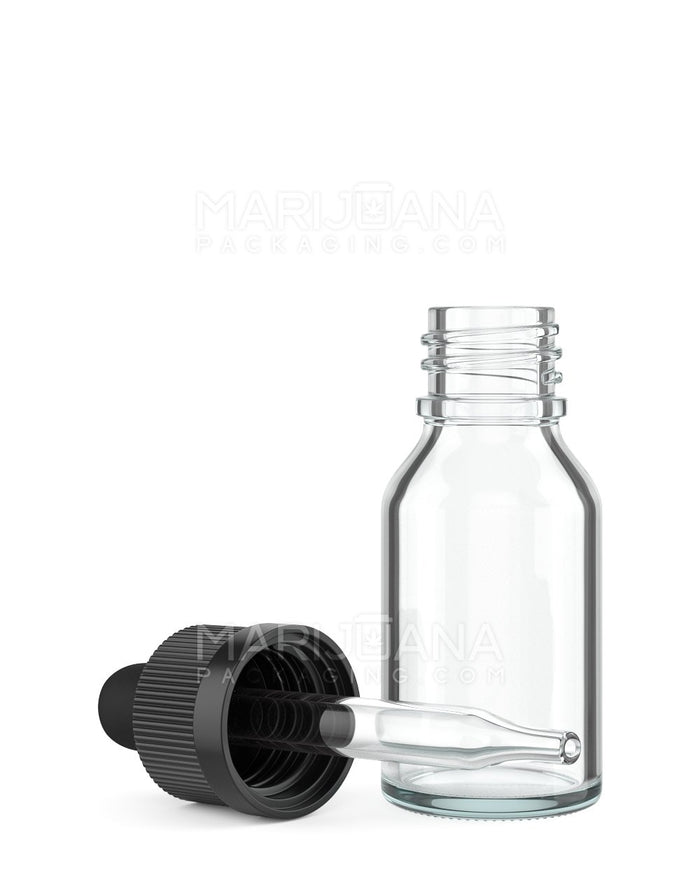 Child Resistant Glass Tincture Bottles w/ Ribbed Black Droper Cap | 15mL - Clear | Sample Image