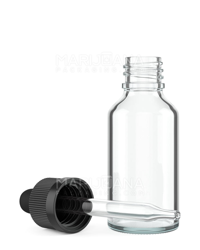 Child Resistant | Glass Tincture Bottles w/ Black Ribbed Dropper Cap | 30mL - Clear - 120 Count Image