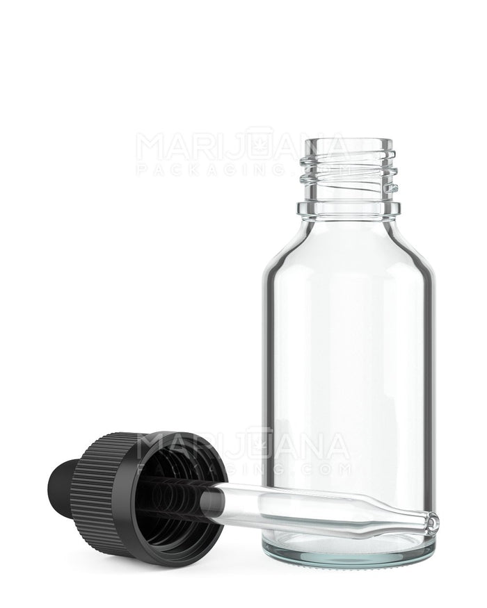 Child Resistant Glass Tincture Bottles w/ Ribbed Black Droper Cap | 30mL - Clear | Sample Image