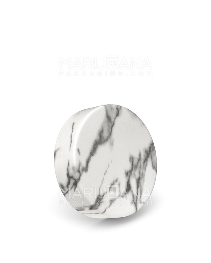 Child Resistant Smooth Flat Push Down & Turn Plastic Caps w/ Foam Liner | 50mm - White Marble | Sample Image