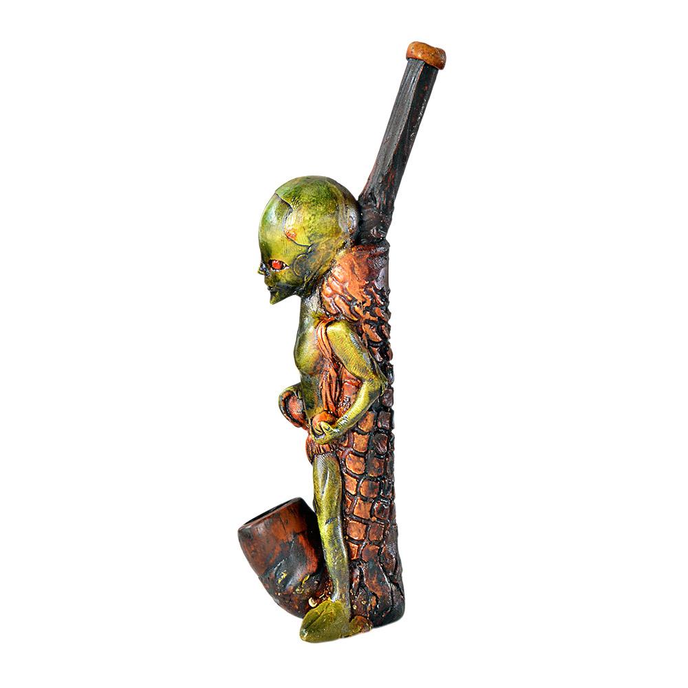 Alien Head Wood Pipe | 6in Tall - Wood Bowl - Green - 7