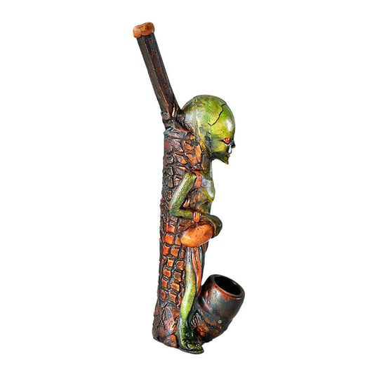 Alien Head Wood Pipe | 6in Tall - Wood Bowl - Green - 9