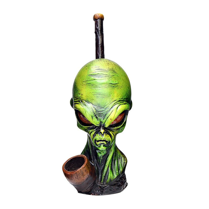 Alien Head Wood Pipe | 6in Tall - Wood Bowl - Green Image