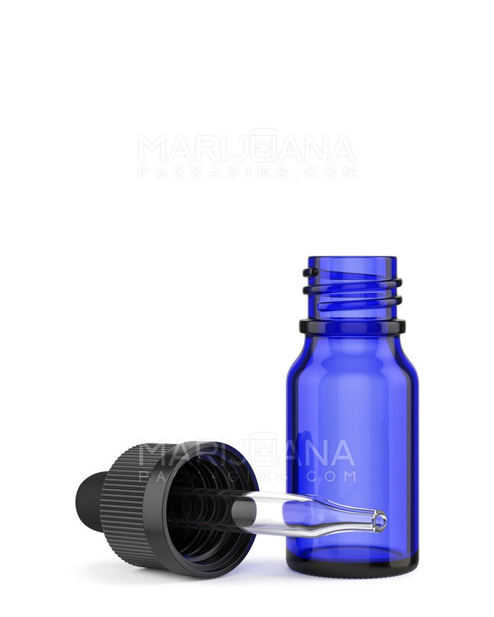 Child Resistant | Glass Tincture Bottles w/ Black Ribbed Dropper Cap  | 10mL - Blue - 120 Count Image