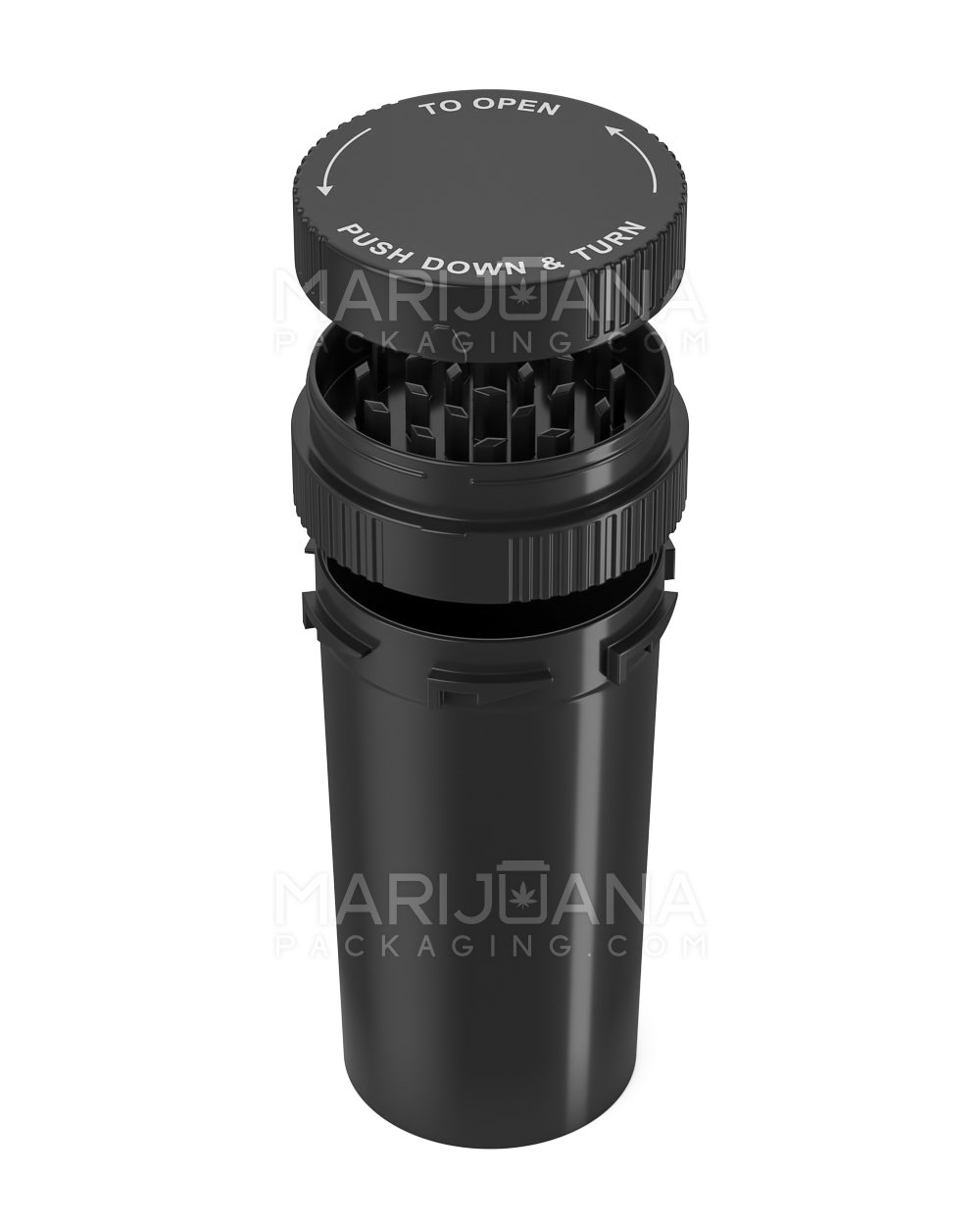 Child Resistant | Push & Turn Vial with Grinder Cap | 40dr - Black Plastic - 150 Count - 1