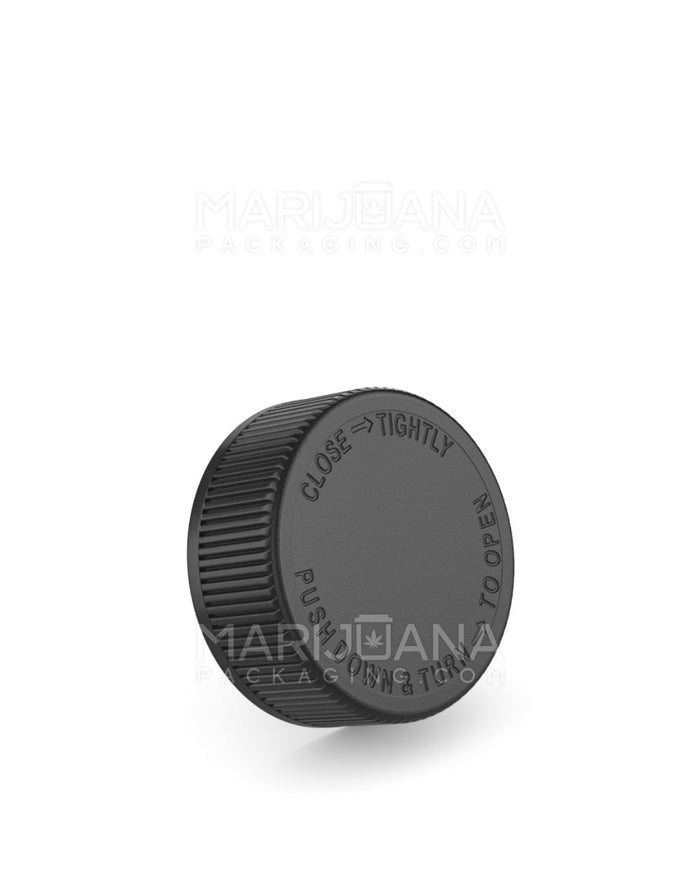 Child Resistant Ribbed Push Down and Turn Plastic Caps w/ Text | 38mm - Semi Gloss Black | Sample Image