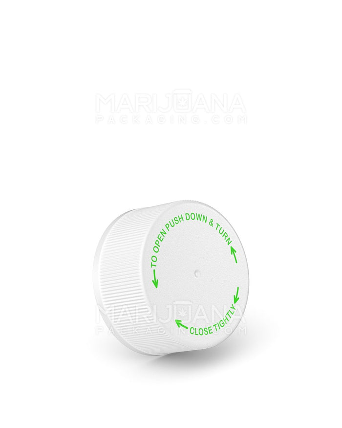 Child Resistant Ribbed Push Down & Turn Plastic Caps w/ Text | 28mm - Semi Gloss White | Sample Image