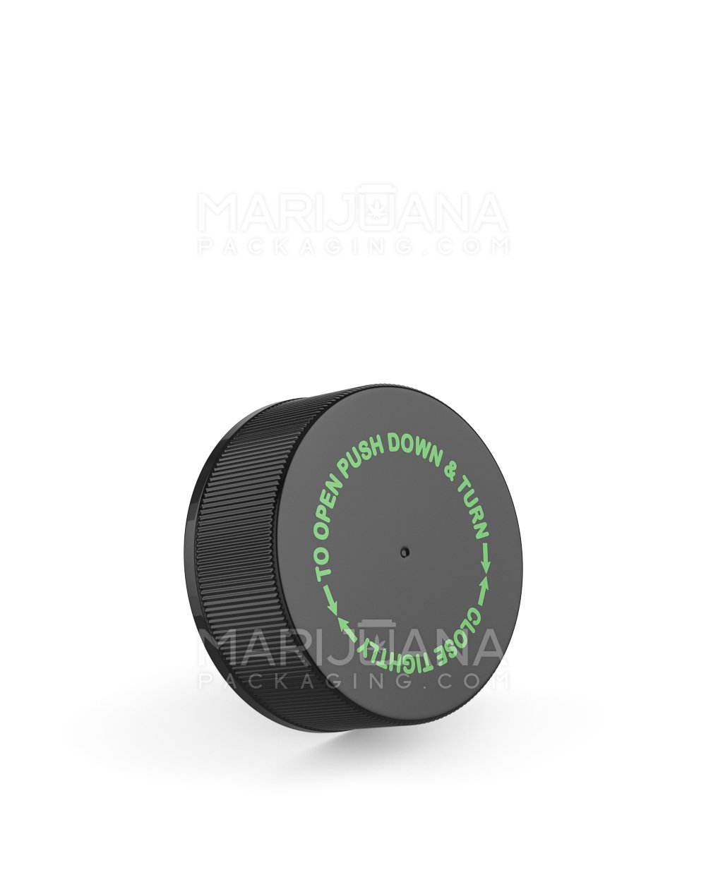 Child Resistant Ribbed Push Down & Turn Plastic Caps w/ Text | 38mm - Semi Gloss Black | Sample - 1