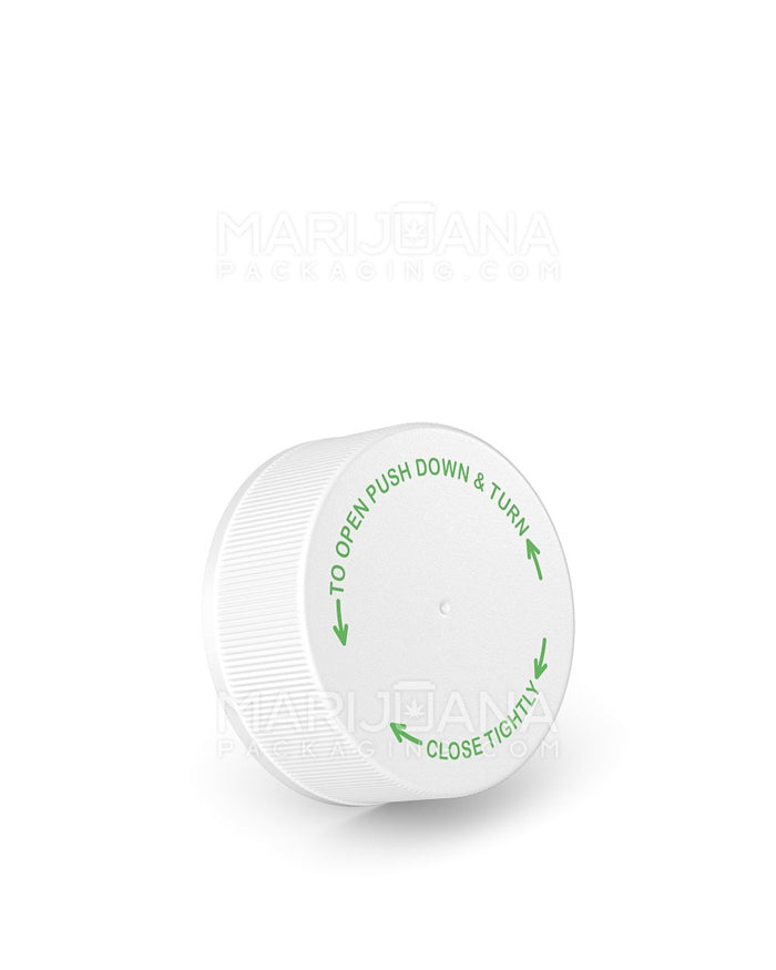 Child Resistant Ribbed Push Down & Turn Plastic Caps w/ Text | 38mm - Semi Gloss White | Sample Image