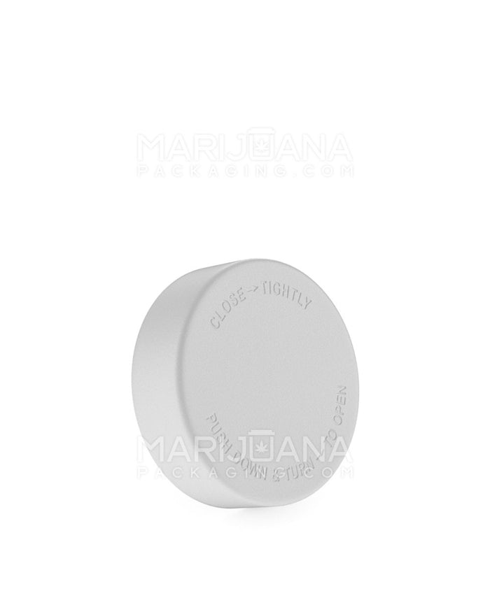 Child Resistant Smooth Push Down & Turn Plastic Caps w/ Text & Foam Liner | 50mm - Matte White | Sample Image