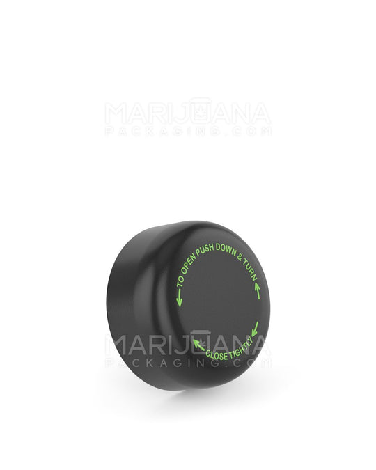 Child Resistant Smooth Push Down & Turn Plastic Caps w/ Text | 29mm - Semi Gloss Black | Sample - 1